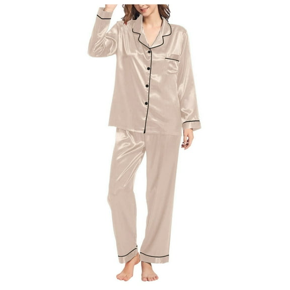 Povozer Women Pajamas Set Short Sleeve Sleepwear Button-Down Shirt with Long Pants Soft Pjs Set Nightwear Lounge Sets(Beige,XL)