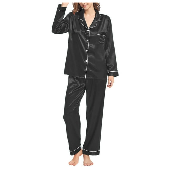 Povozer Women Pajamas Set Short Sleeve Sleepwear Button-Down Shirt with Long Pants Soft Pjs Set Nightwear Lounge Sets(Black,M)