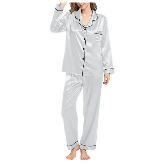 Povozer Women Pajamas Set Short Sleeve Sleepwear Button-Down Shirt with Long Pants Soft Pjs Set Nightwear Lounge Sets(Gray,XXL)