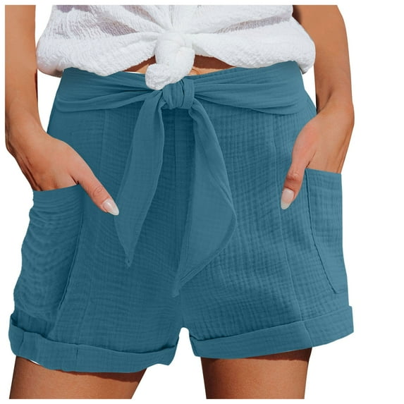 Povozer Women Shorts Plus Size Womens Summer Cotton Comfy Drawstring Casual Elastic Waist Pocket Loose Shorts Pants(Blue,S)