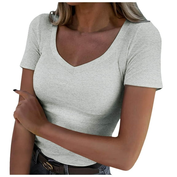 Povozer Women Summer Crew Neck Short Sleeve T-Shirts Ribbed Knit Slim Fitted Casual Basic Top(Gray,M)