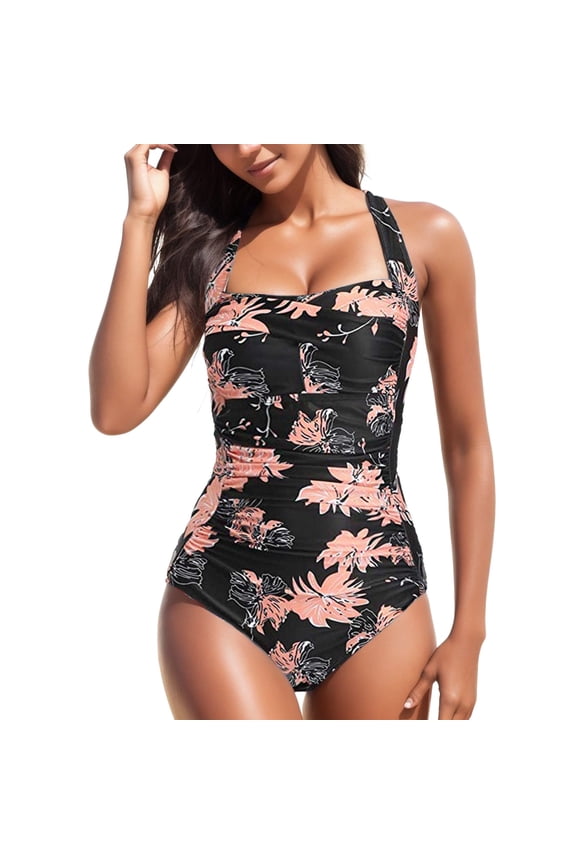 Women Tummy Control One Piece Swimsuit Halter Retro Bathing Suit(Orange,2XL)