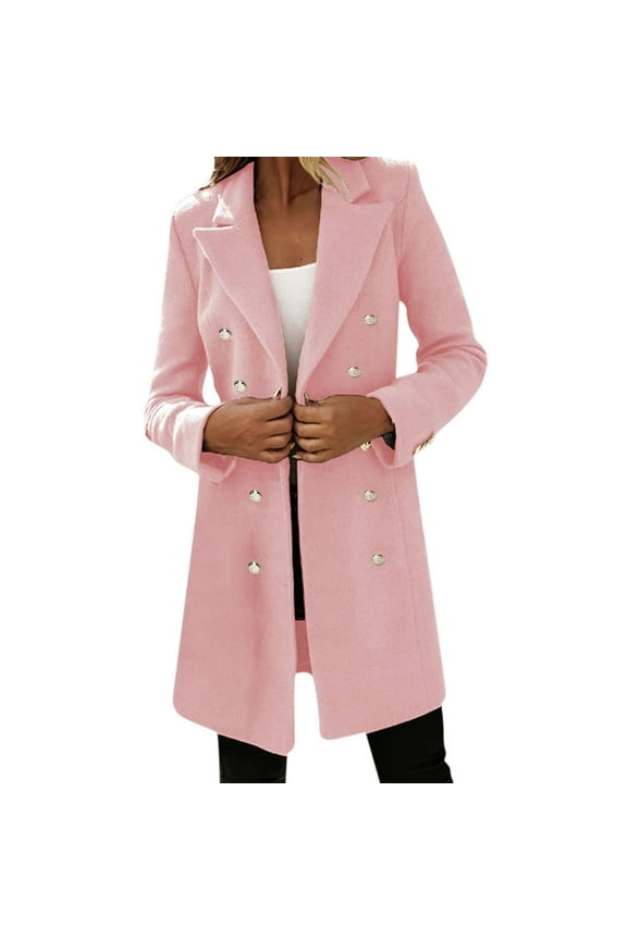 Women Winter Wool Blend Camel Mid-Long Coat Notch Double- Lapel Jacket Outwear(Pink,S)