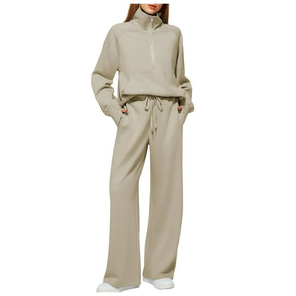 Povozer Women's 2 Piece Outfits Sweatsuit Oversized Sweatshirt Wide Leg Sweatpants Matching Lounge Set 2024(Khaki,M)