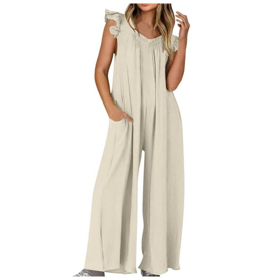 Povozer Women's 2025 Summer Loose Jumpsuit Casual V Neck Sleeveless Oversized Wide Leg Pant Overalls Romper with Pockets(Beige,L)