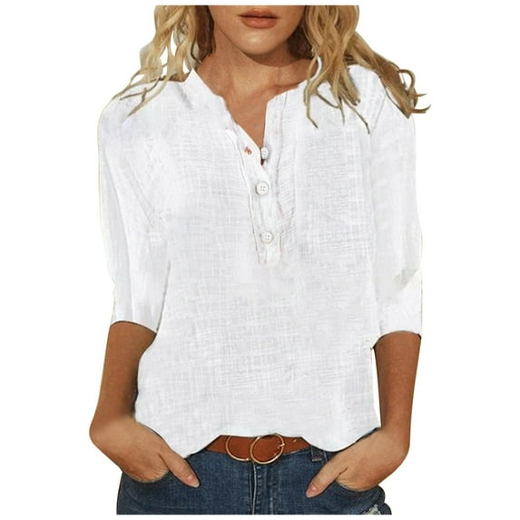 Povozer Women's 3/4 Sleeves V Neck Polo Shirts Casual Summer Tops Basic Collar Cute Tees(White,2XL)
