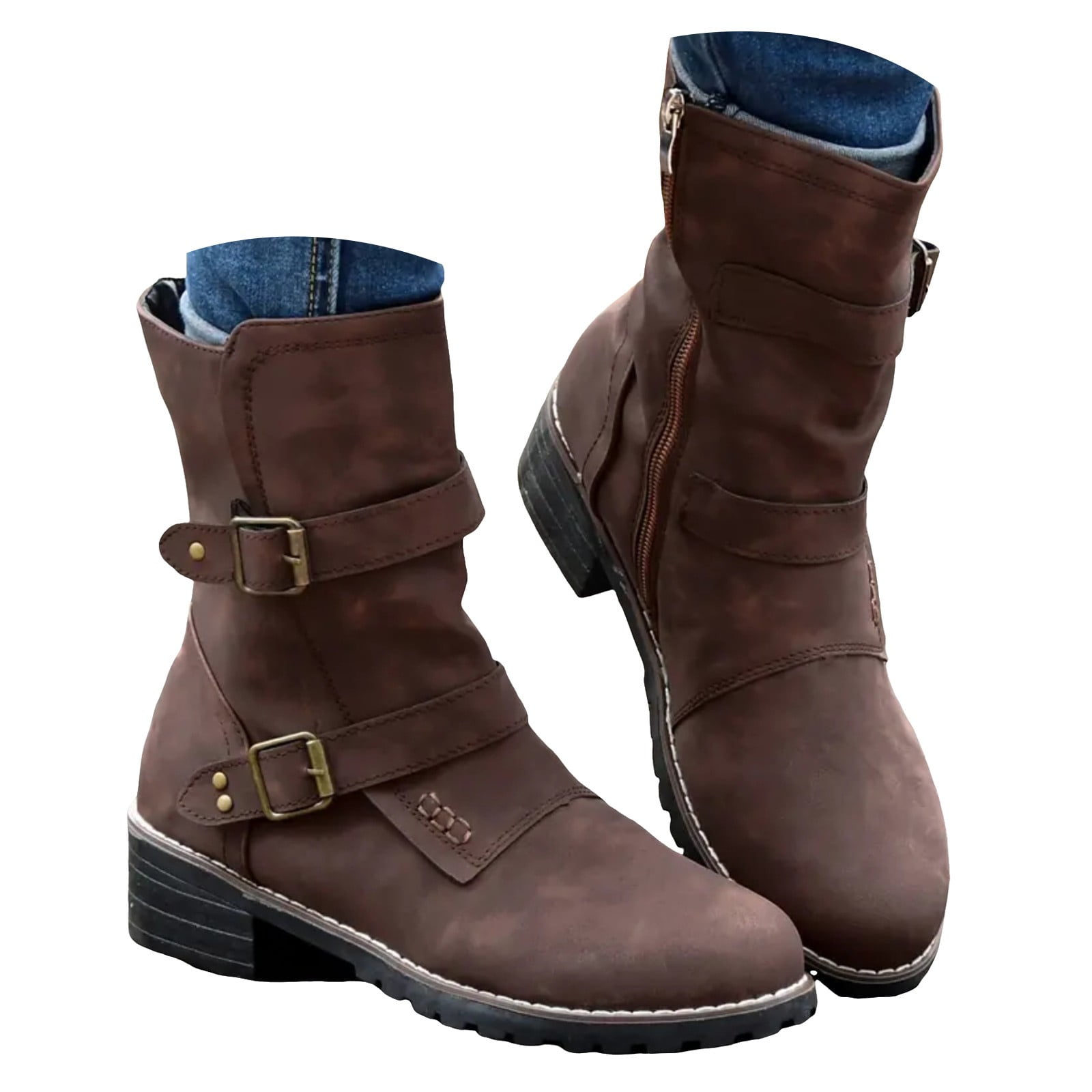 Povozer Women's Biker Boots Lace up Mid Calf Motorcycle