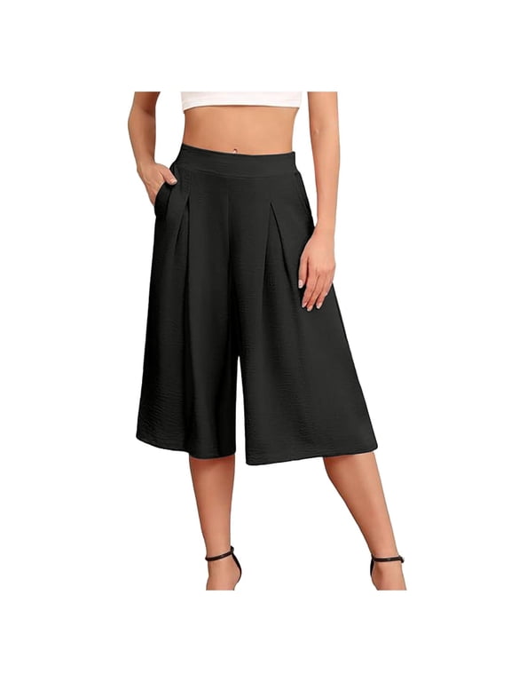 Women's Capris Crop Chiffon Pants Summer Beach Vacation Culottes Casual Dress Wide Leg Palazzo Pants(Black,L)