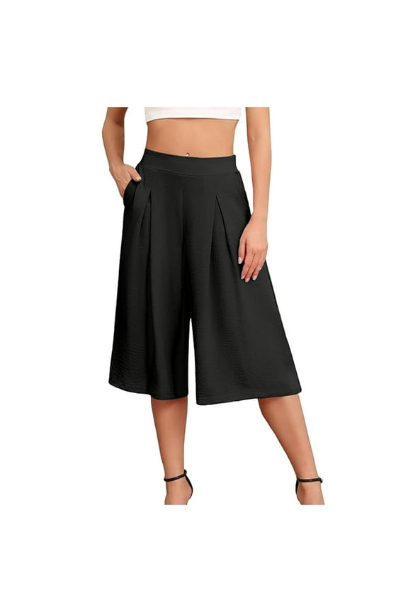 Women's Capris Crop Chiffon Pants Summer Beach Vacation Culottes Casual Dress Wide Leg Palazzo Pants(Black,M)