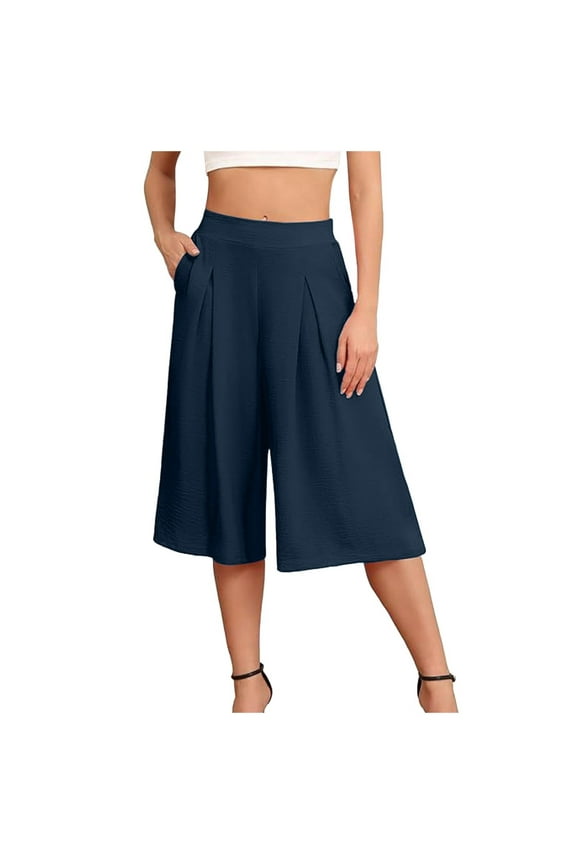 Women's Capris Crop Chiffon Pants Summer Beach Vacation Culottes Casual Dress Wide Leg Palazzo Pants(Navy,M)