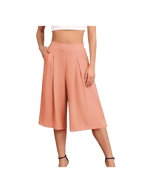 Women's Capris Crop Chiffon Pants Summer Beach Vacation Culottes Casual Dress Wide Leg Palazzo Pants(Red,L)
