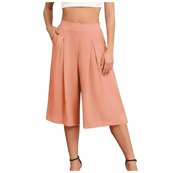 Povozer Women's Capris Crop Chiffon Pants Summer Beach Vacation Culottes Casual Dress Wide Leg Palazzo Pants(Red,S)