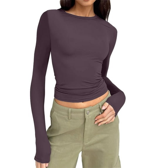 Povozer Women's Casual Basic Going Out Crop Tops Slim Fit Long Sleeve Crew Neck(Gray,XL)