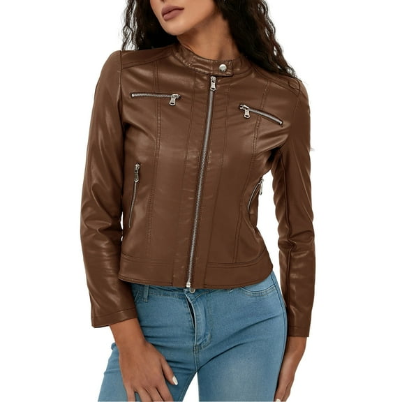 Povozer Women's Casual Coat Zip up Outerwear Windbreaker Leather Jacket(Brown,S)