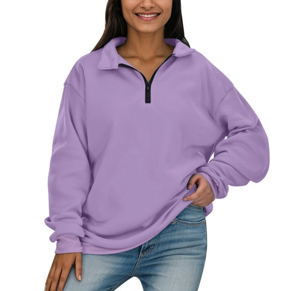 Povozer Women's Casual Oversized Half Zip Sweatshirts Long Sleeve Solid Color Pullover Jackets(Purple,L)