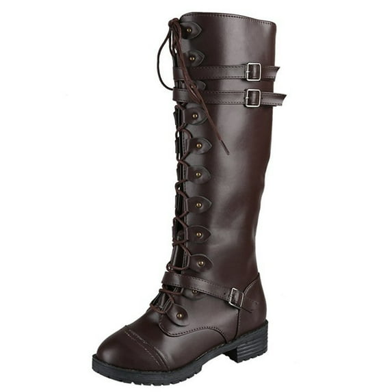 Povozer Women's Chunky Heel Knee High Boots with Side Zipper Lace Up Shoes Comfy Casual Round Toe Riding Combat Boots(Coffee,11)