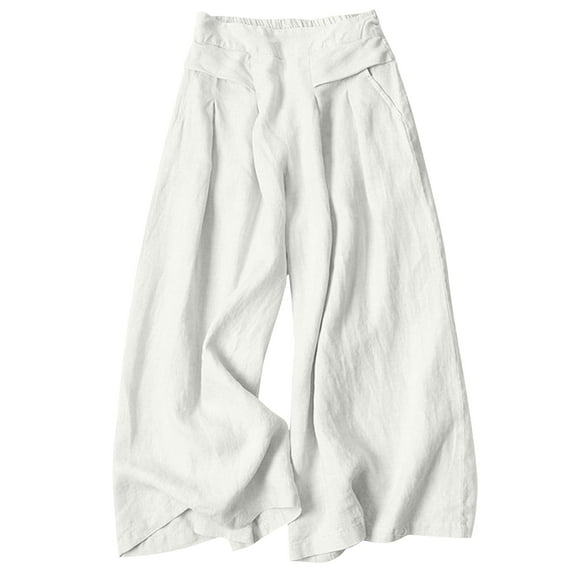 Povozer Women's Culottes Linen Blend Wide Leg Pants Elastic Waist Casual Palazzo Trousers with Pockets Capris(White,XL)
