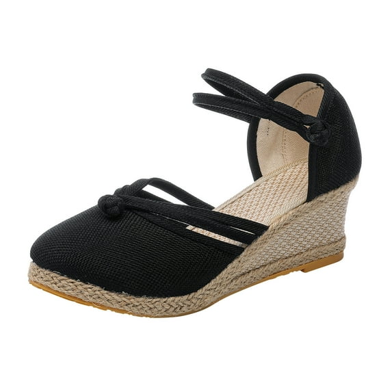 Povozer Women's Elastic Ankle Strap Espadrilles Wedge Sandals(Black,37)