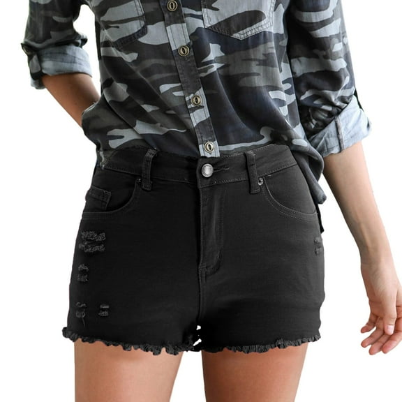 Povozer Women's High-Stretch Denim Shorts High Waisted Jean Shorts with Pockets(Black,XL)