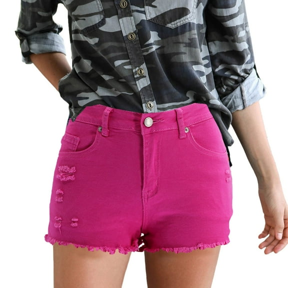 Povozer Women's High-Stretch Denim Shorts High Waisted Jean Shorts with Pockets(Pink,XL)