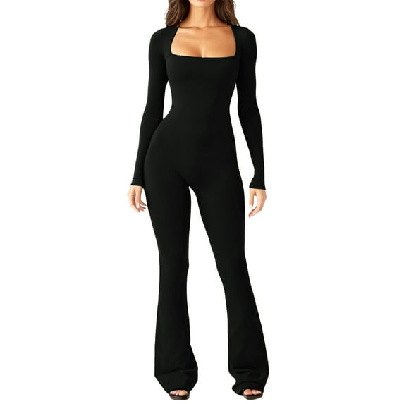 Povozer Women's Jumpsuit Dressy Casual One Piece Outfits Long Sleeve Neck Wide Leg Pants Rompers(Black,L)