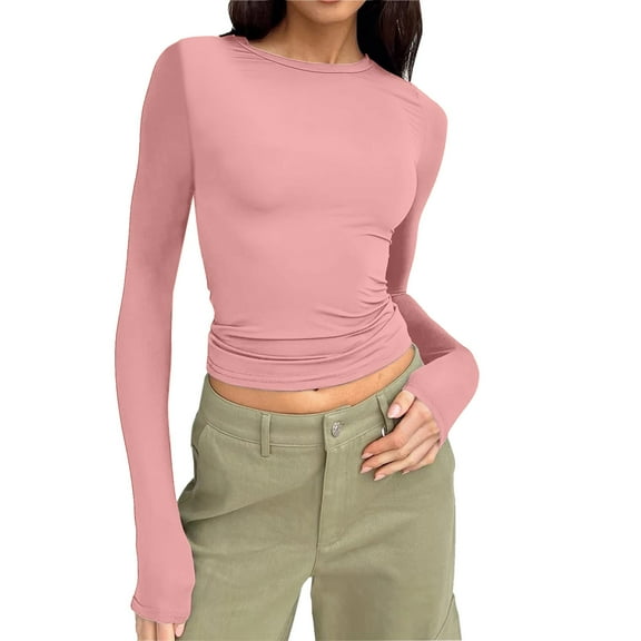 Povozer Women's Long Sleeve T Shirts Crew Neck Slim Fit Tops Basic Tee(Pink,XS)