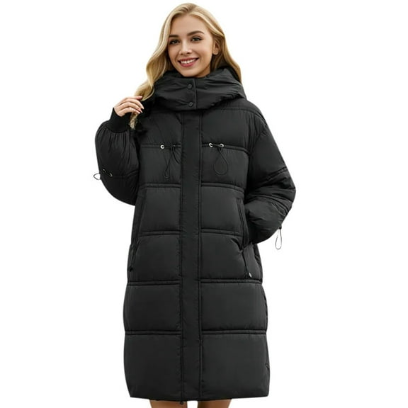Povozer Women's Long Winter Coat Puffer Warm Jacket with Hood(Black,XL)