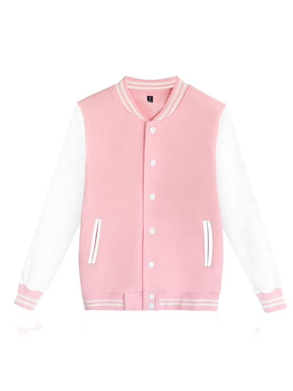 Women's Men's Varsity Baseball Jacket Casual Letterman Bomber Jacket Windbreaker Lightweight Jacket Coat(Pink,L)