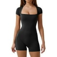 thumbnail image 1 of Povozer Women's Short Sleeve Bodycon Romper Stretchy Square Neck Sexy Unitard Jumpsuit(Black,M), 1 of 5