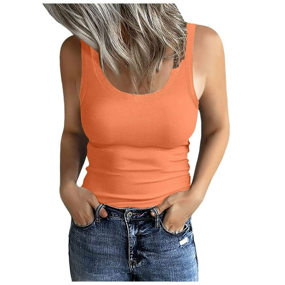Povozer Women's Sleeveless Scoop Neck Ribbed Tank Tops Fitted Basic Tee Shirts(Orange,M)