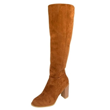 Povozer Women's Slip-On Heels Solid Winter Warm Knee Tall Round Toe Boots(Brown,8)