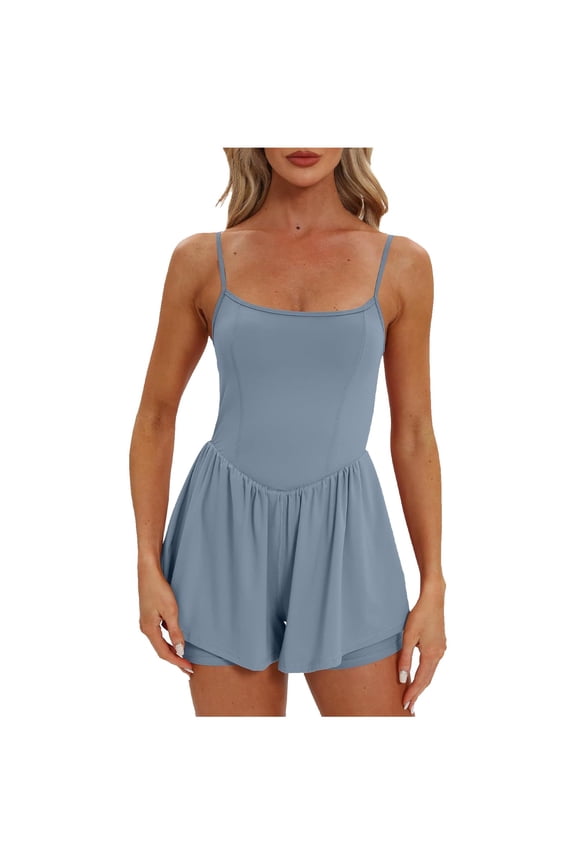 Women's Summer Sleeveless Rompers Spaghetti Strap Double Lined Shorts Jumpsuit One Piece Outfits(Blue,XXL)