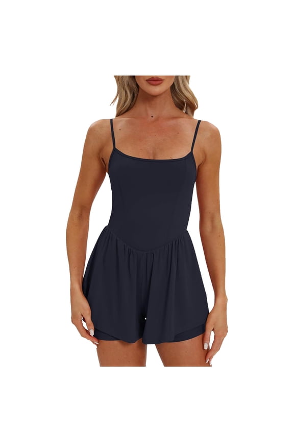 Women's Summer Sleeveless Rompers Spaghetti Strap Double Lined Shorts Jumpsuit One Piece Outfits(Dark Blue,M)
