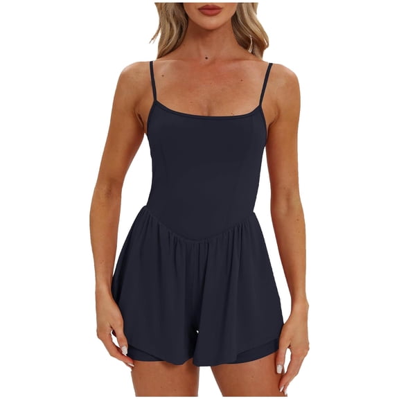 Povozer Women's Summer Sleeveless Rompers Spaghetti Strap Double Lined Shorts Jumpsuit One Piece Outfits(Dark Blue,S)