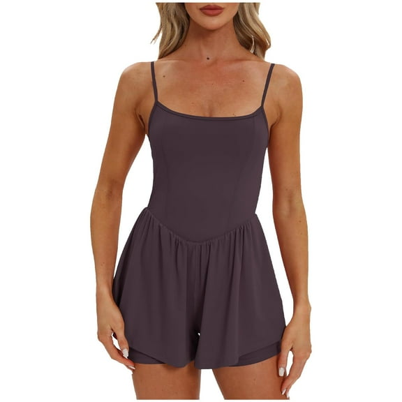 Povozer Women's Summer Sleeveless Rompers Spaghetti Strap Double Lined Shorts Jumpsuit One Piece Outfits(Dark Purple,S)