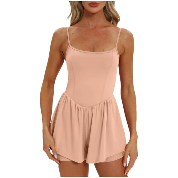 Povozer Women's Summer Sleeveless Rompers Spaghetti Strap Double Lined Shorts Jumpsuit One Piece Outfits(Light Pink,S)
