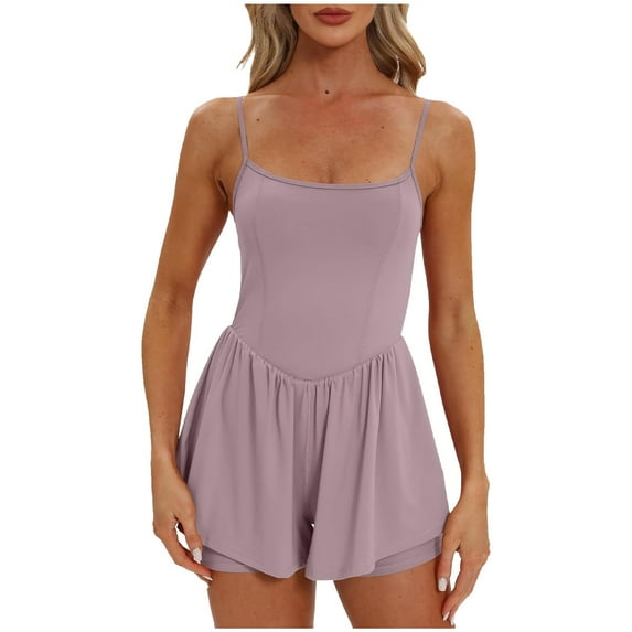 Povozer Women's Summer Sleeveless Rompers Spaghetti Strap Double Lined Shorts Jumpsuit One Piece Outfits(Light Purple,S)