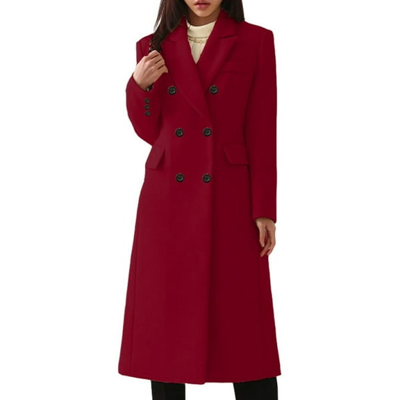 Povozer Women's Warm Double Breasted Wool Pea Coat Trench Coat Jacket with Hood(Red,M)