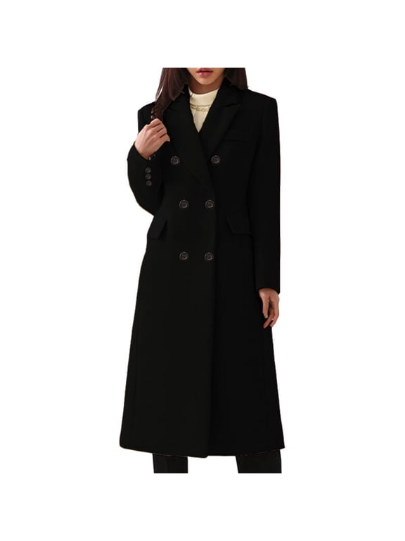 Women's Warm Double Wool Pea Coat Trench Coat Jacket with Hood(Black,L)