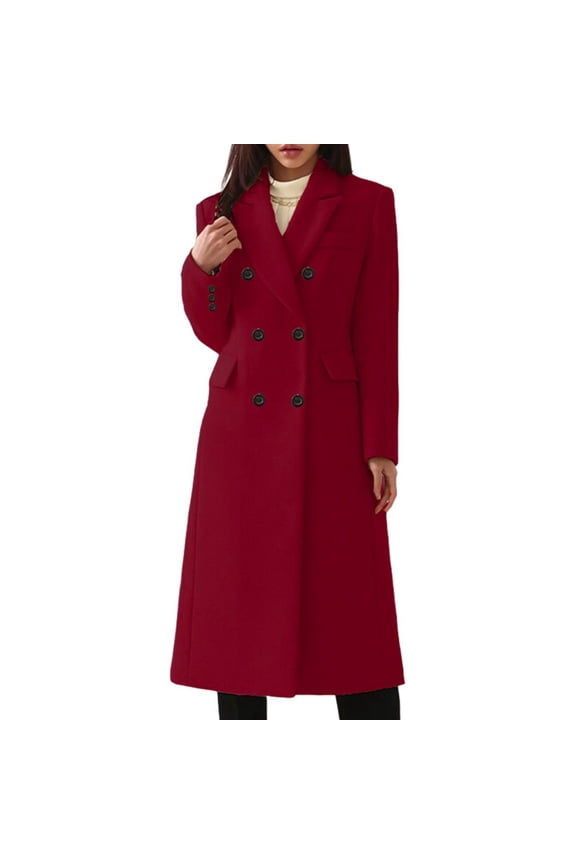 Women's Warm Double Wool Pea Coat Trench Coat Jacket with Hood(Red,L)