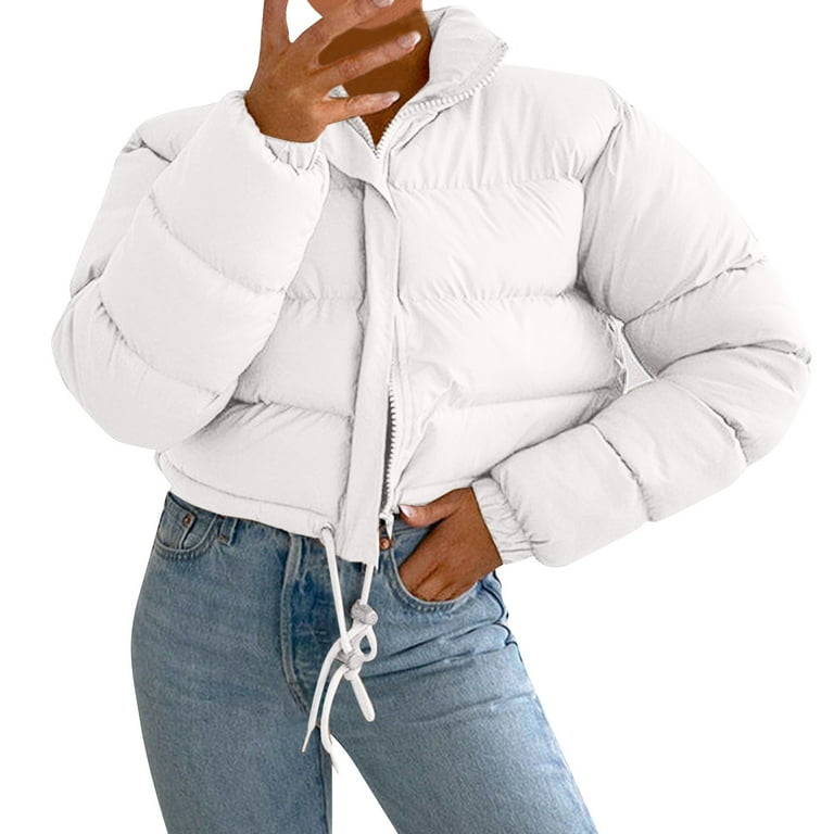 Povozer Women's Winter Cropped Puffer Jacket Long Sleeve Button
