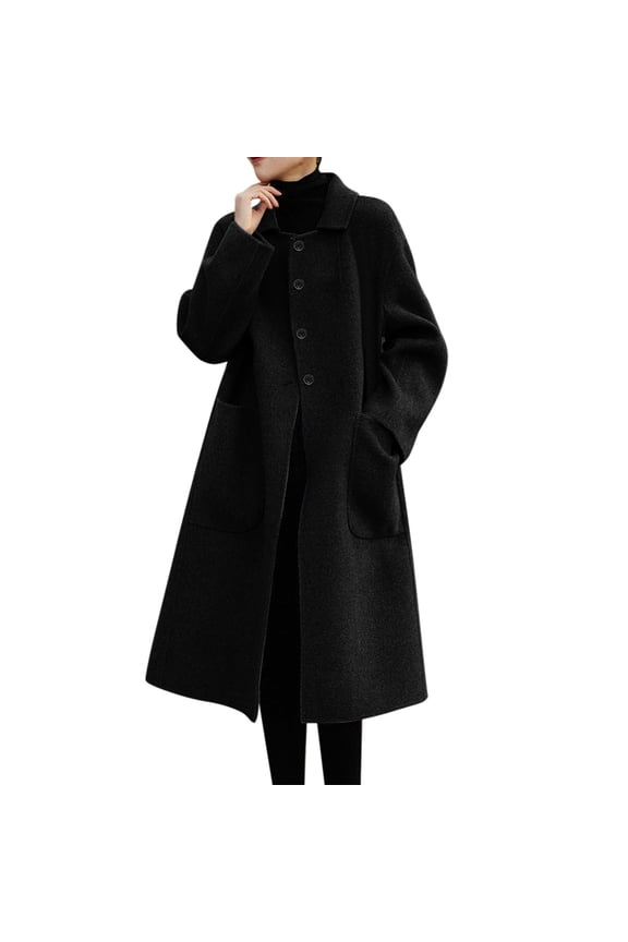 Women's Winter Wool Coat Single Business Casual Midi Long Winter Trench Coat(Black,XXL)