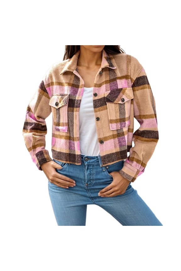 Womens Button Jacket Roll Tab Sleeve Shacket Flap Pocket Drawstring Hem Lightweight Coat(Pink,XXL)