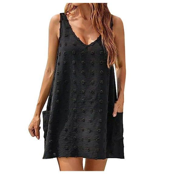 Povozer Womens Casual Sun Summer Dresses Beach Cover up Tank Dress with Pockets(Black,2XL)
