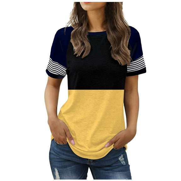 Povozer Womens Crewneck Tops Casual Printed Tops Short Sleeve T Shirt(Yellow,2XL)