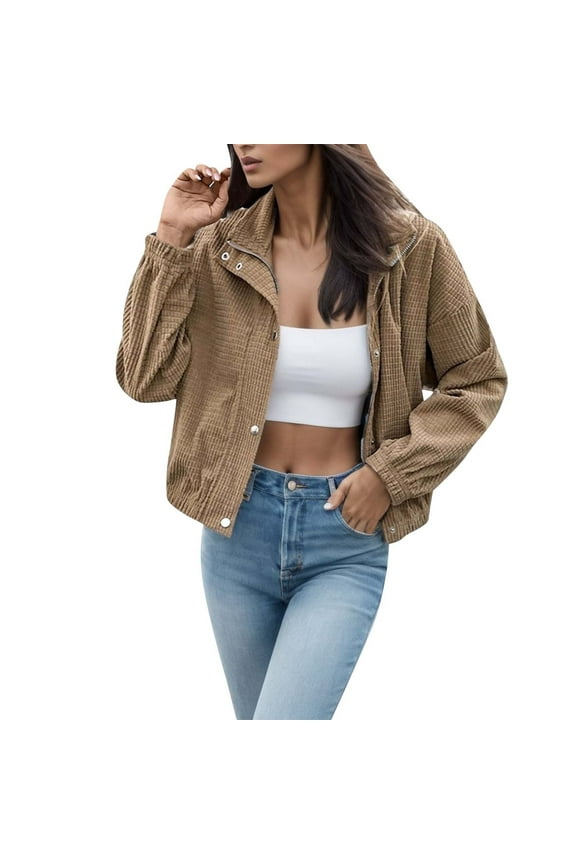 Womens Cropped Bomber Jacket Button Jackets Shackets with Pockets(Brown,L)