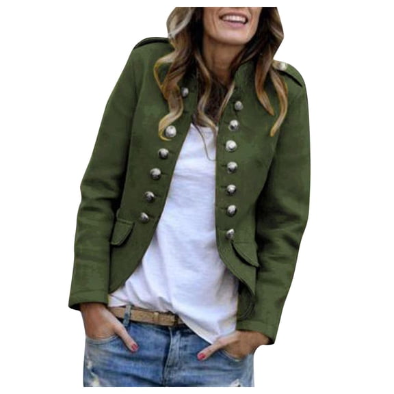 Povozer Womens Double Button Front Military Style Blazer Ladies Formal Jacket(Army Green,XL)