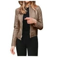 thumbnail image 1 of Povozer Womens Leather Long Sleeve Jackets Quilted Moto Outwear Slim Lapel Coats(Khaki,L), 1 of 2