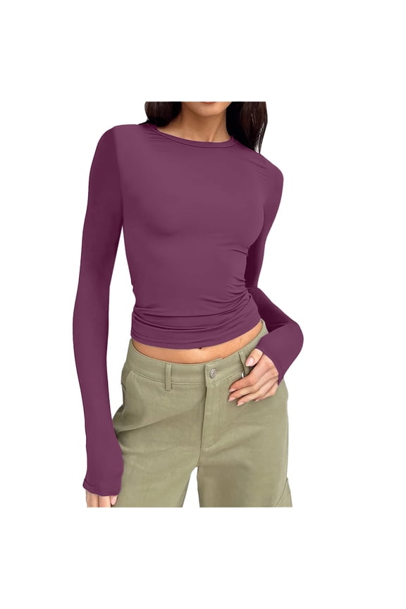 Womens Long Sleeve Shirts Basic Spring Crop Tops Fall Fashion Layering Slim Fitted Y2k Tops(Gray,L)