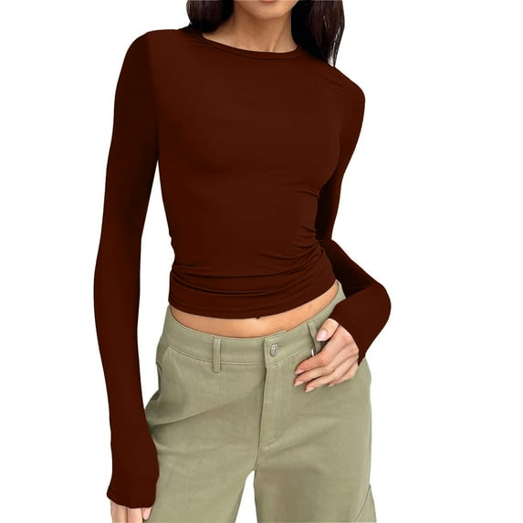 Povozer Womens Long Sleeve Shirts Basic Tee Shirt Going Out Y2k Crop Tops(Brown,M)